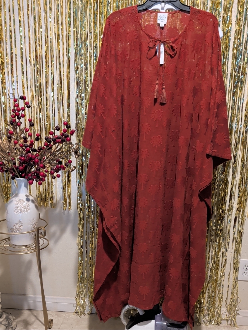 🔥Rust Tassel Tie Long Kimono, Palm Tree Design, XL